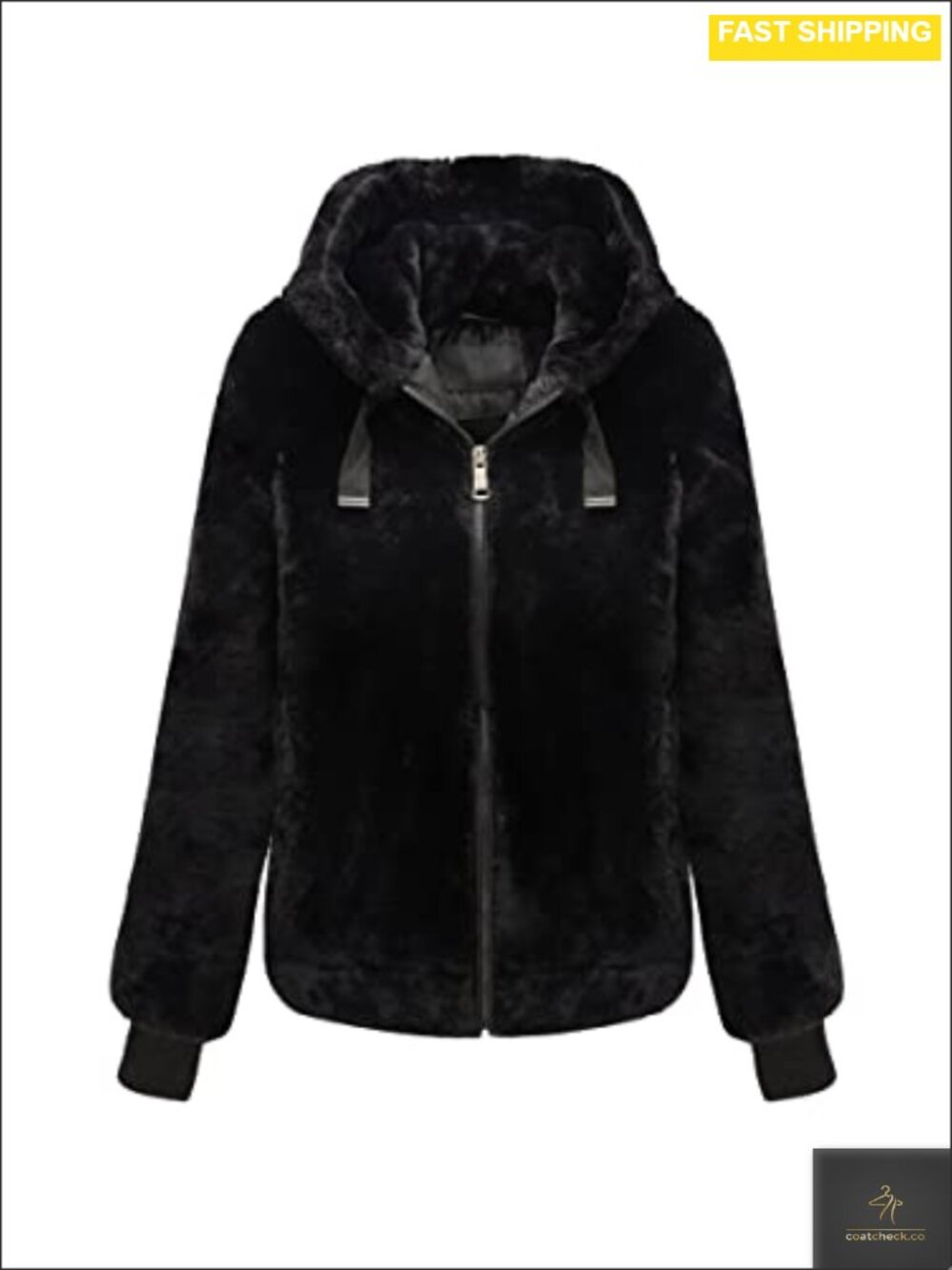 Faux Fur Sherpa-Lined Hooded Jacket Fluffy Zip-Up Coat